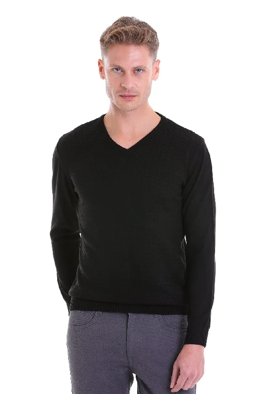 Regular Fit Black V-Neck Sweater