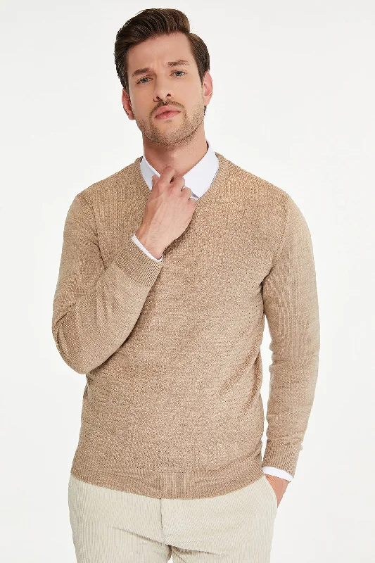 Regular Fit Beige V-Neck Sweater