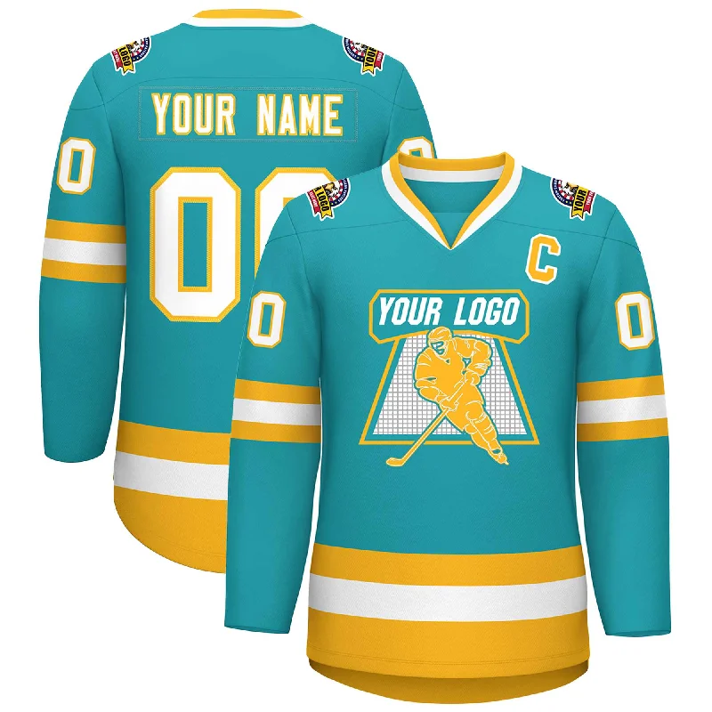 Custom Aqua White-Gold Classic Style Hockey Jersey