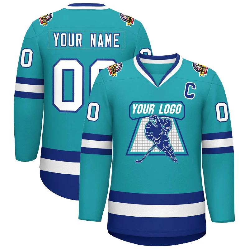 Custom Aqua White-Royal Classic Style Hockey Jersey