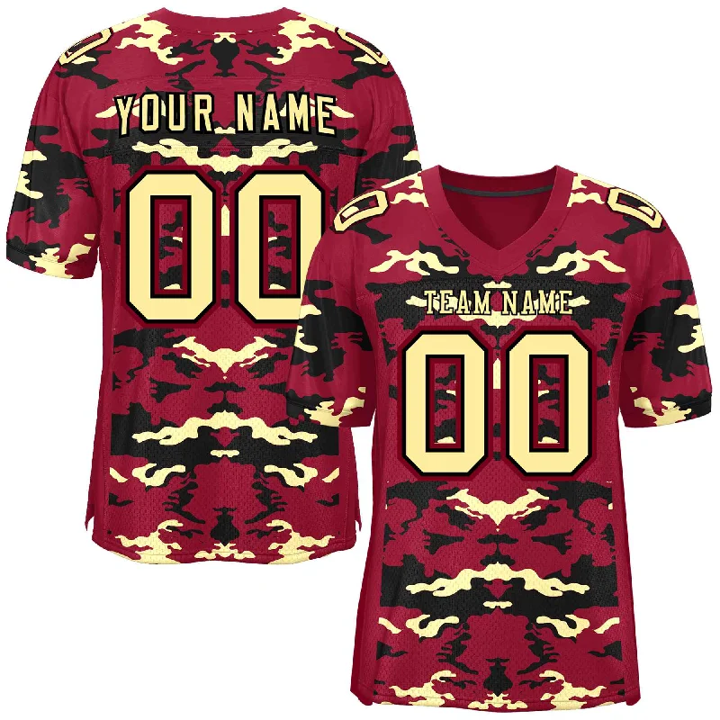 Custom Crimson Black-Cream Personalized Camo Authentic Football Jersey