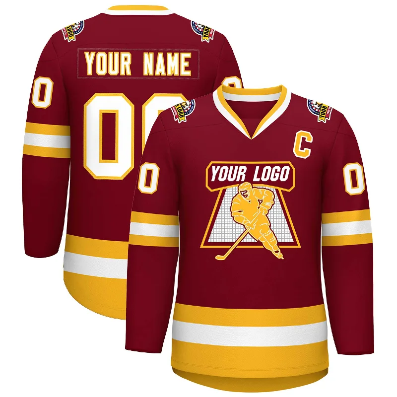 Custom Crimson White-Gold Classic Style Hockey Jersey