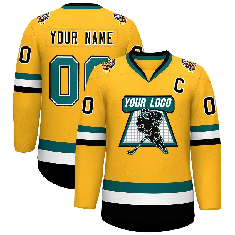 Custom Gold Aqua White-Black Classic Style Hockey Jersey