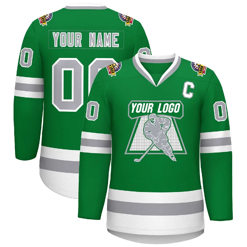 Custom Kelly Green Gray-White Classic Style Hockey Jersey