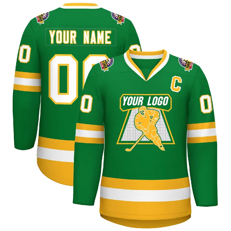 Custom Kelly Green White-Gold Classic Style Hockey Jersey