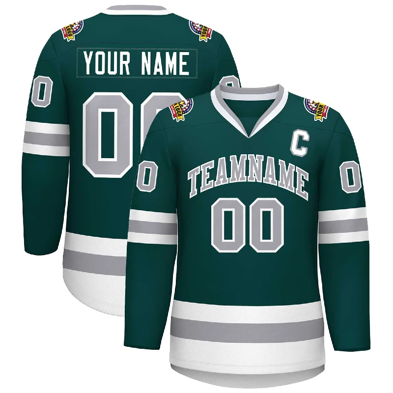 Custom Midnight Green Gray-White Classic Style Hockey Jersey