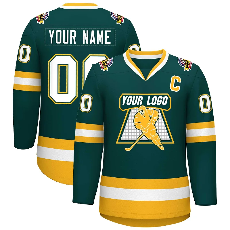 Custom Midnight Green White Olive-Gold Classic Style Hockey Jersey