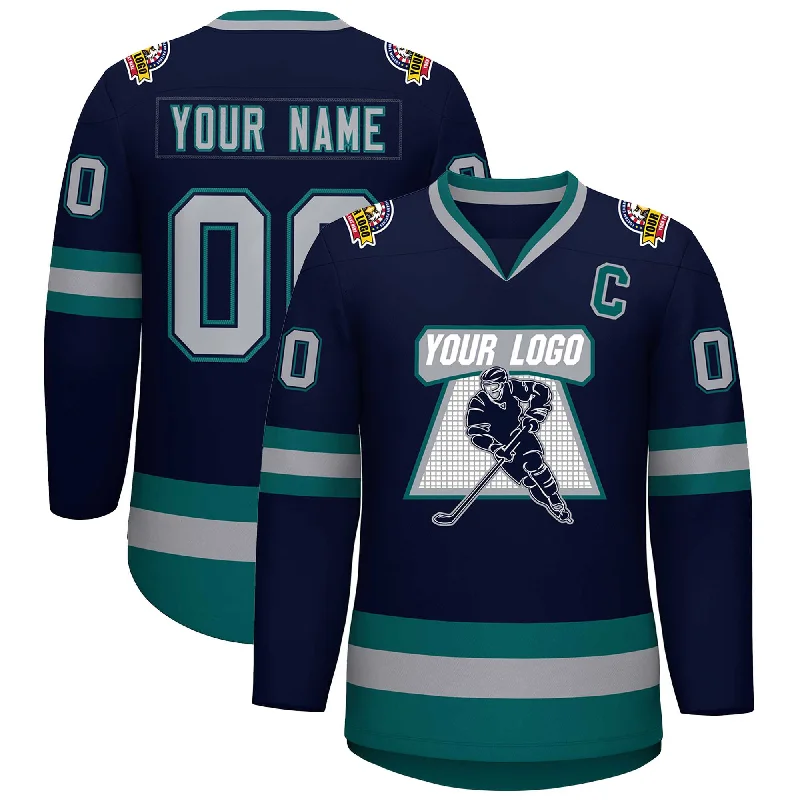 Custom Navy Gray Navy-Aqua Classic Style Hockey Jersey