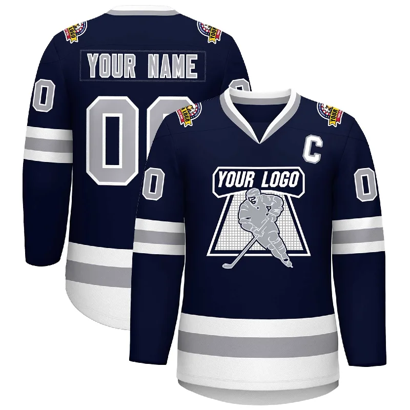 Custom Navy Gray-White Classic Style Hockey Jersey