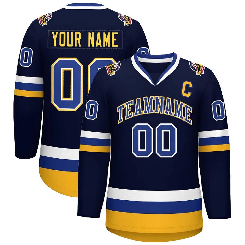 Custom Navy Royal White-Gold Classic Style Hockey Jersey