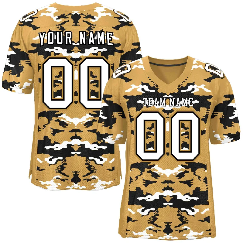 Custom Old Gold Black-White Personalized Camo Authentic Football Jersey