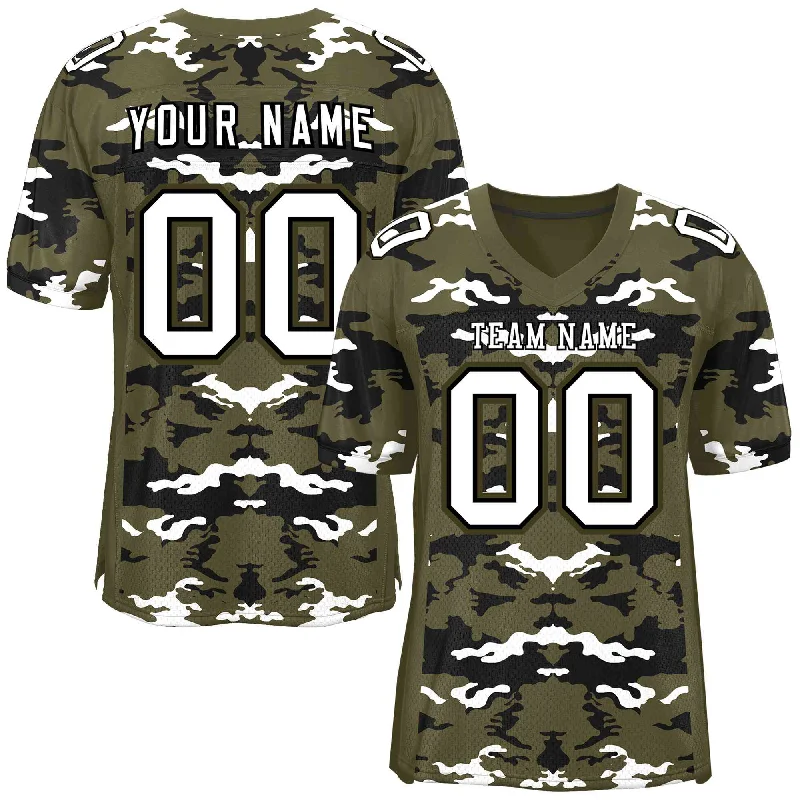 Custom Olive Black-White Personalized Camo Authentic Football Jersey