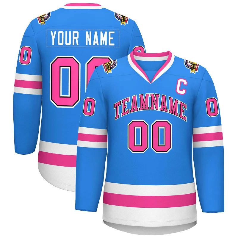 Custom Powder Blue Pink Black-White Classic Style Hockey Jersey