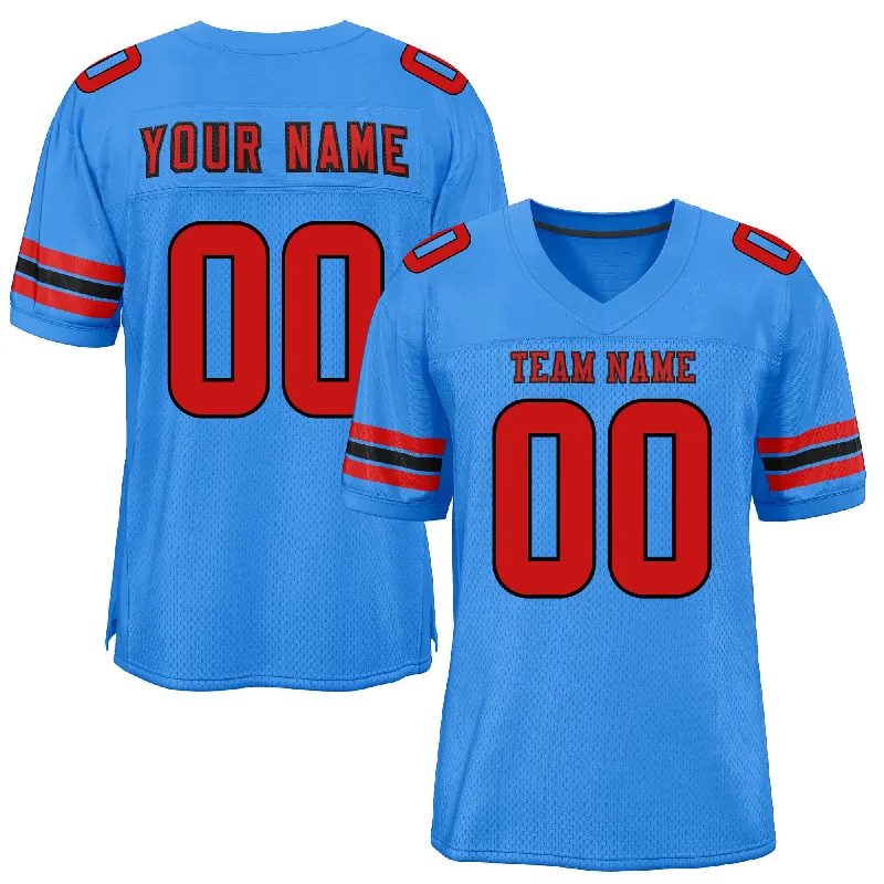 Custom Powder Blue Red-Black Classic Style Mesh Authentic Football Jersey