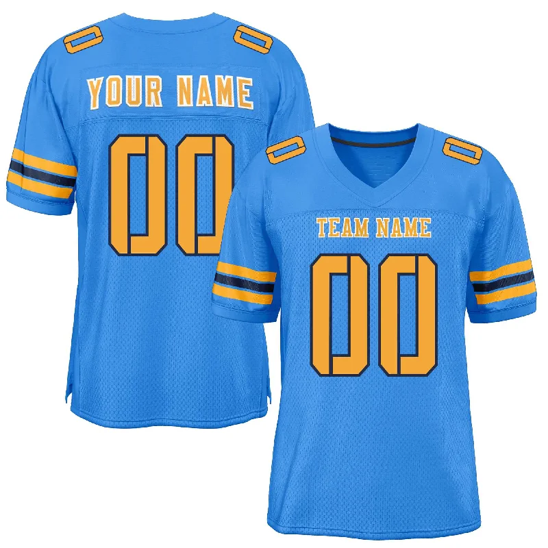 Custom Powder Blue Yellow-Black Classic Style Mesh Authentic Football Jersey