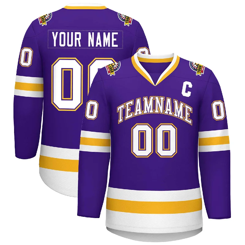 Custom Purple White Purple-Gold Classic Style Hockey Jersey