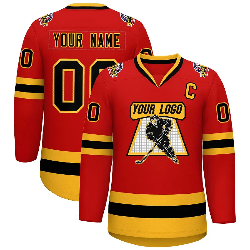 Custom Red Black-Gold Classic Style Hockey Jersey