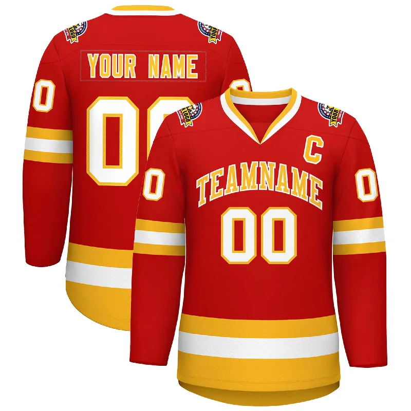 Custom Red Gold-White Classic Style Hockey Jersey