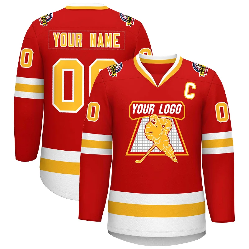 Custom Red Gold-White Classic Style Hockey Jersey