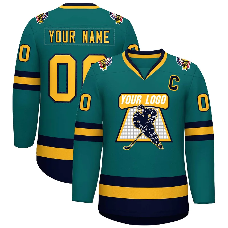 Custom Teal Gold-Navy Classic Style Hockey Jersey