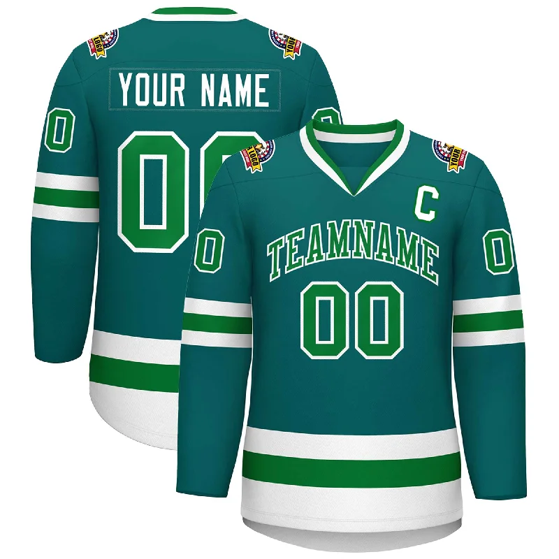 Custom Teal Kelly Green-White Classic Style Hockey Jersey