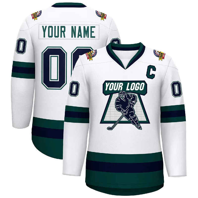 Custom White Navy White-Midnight Green Classic Style Hockey Jersey